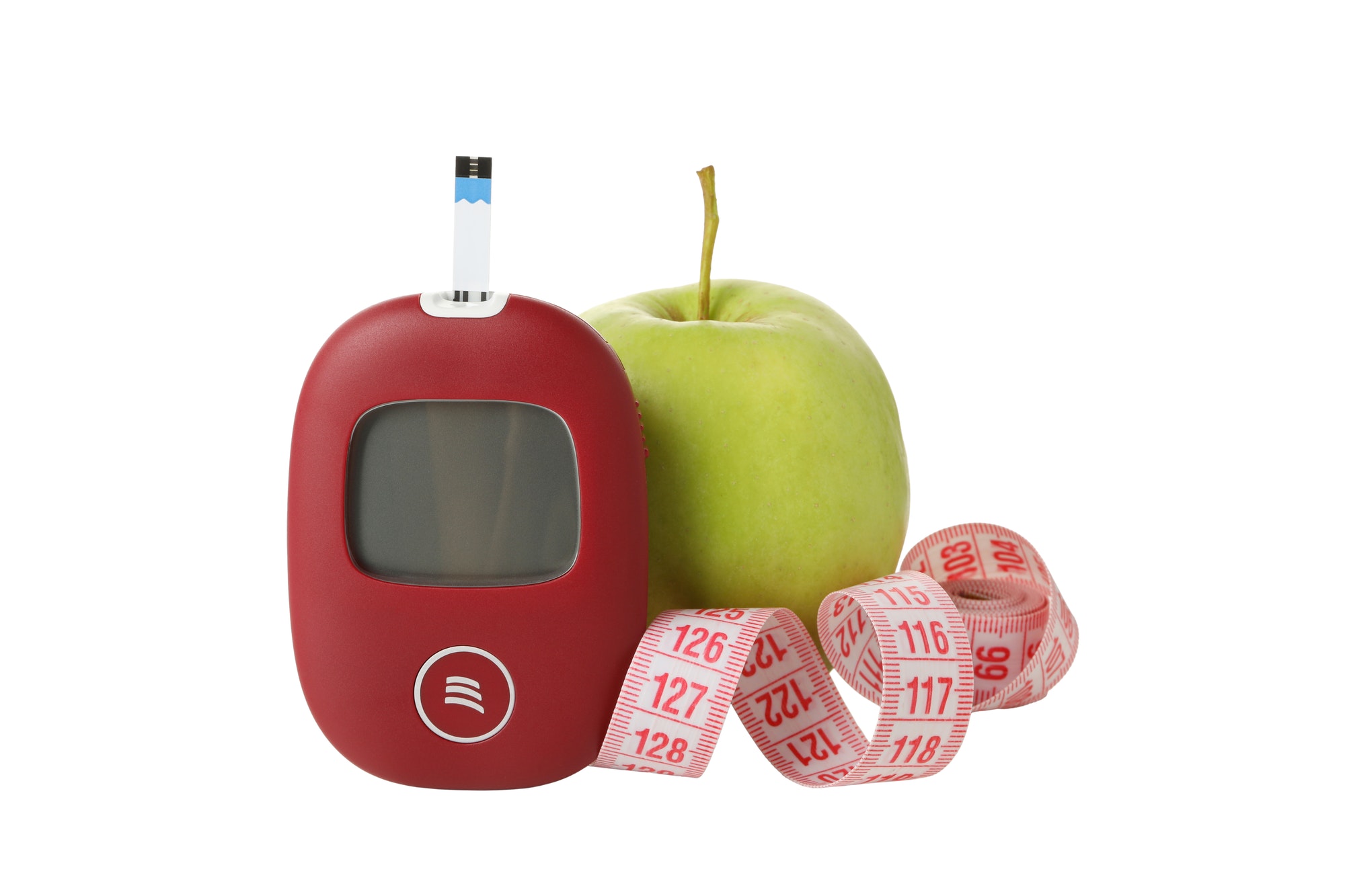 PNG, Medical equipment for diabetics, measuring tape and apple, isolated on white background